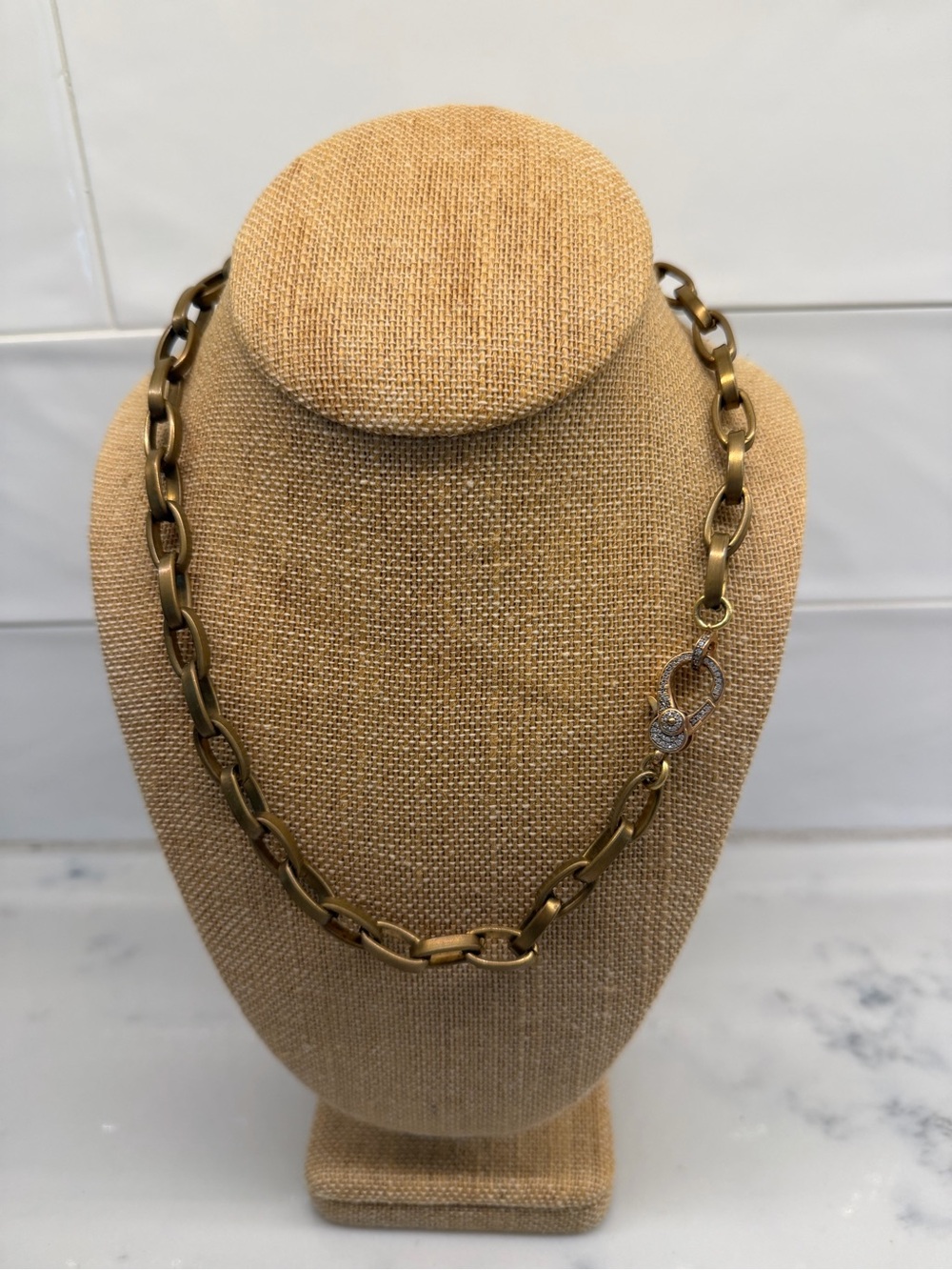 Gold-Tone Link Necklace with Faux Diamond Clasp